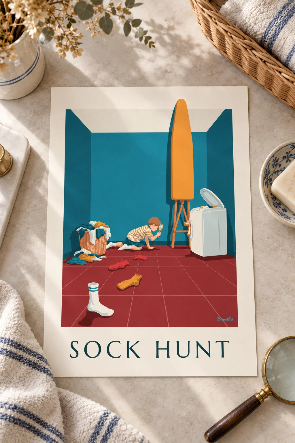 Bijkeuken: sfeerbeeld van Poster humor jongen met vergrootglas op het spoor van de sokken