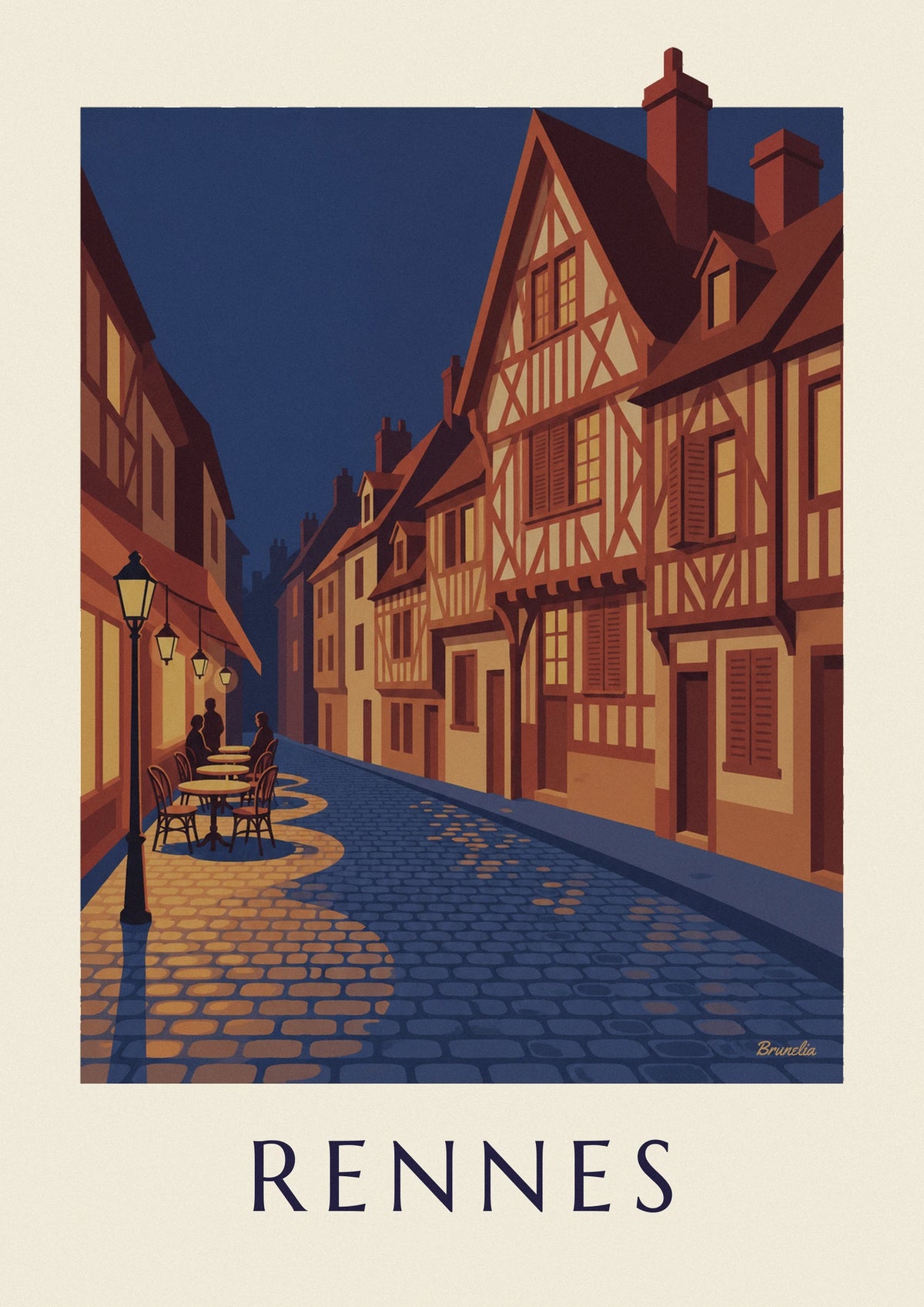Old Rennes half-timbered houses at night poster