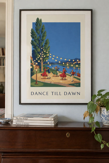 Poster of a guinguette dance, dancers under paper lanterns by the water: framed on the wall