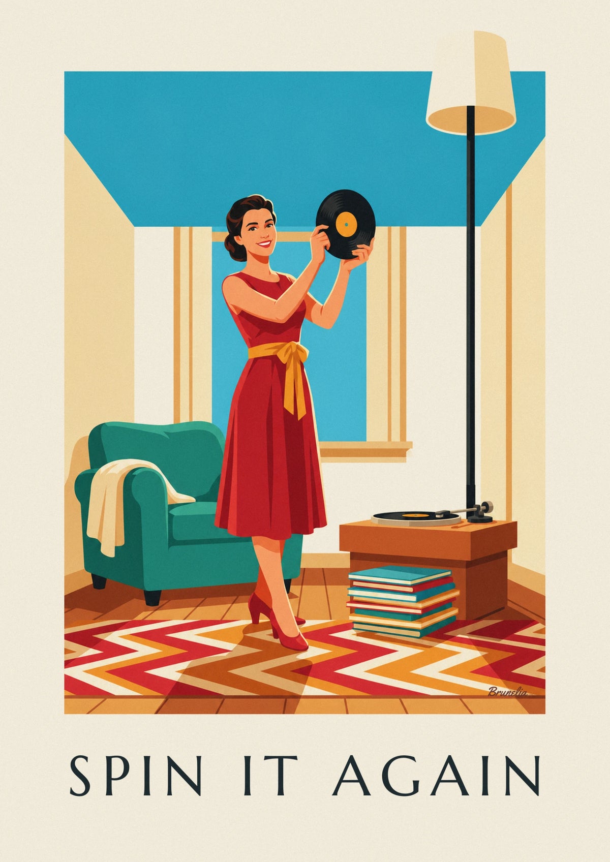Affiche femme souriante tenant un disque vinyle