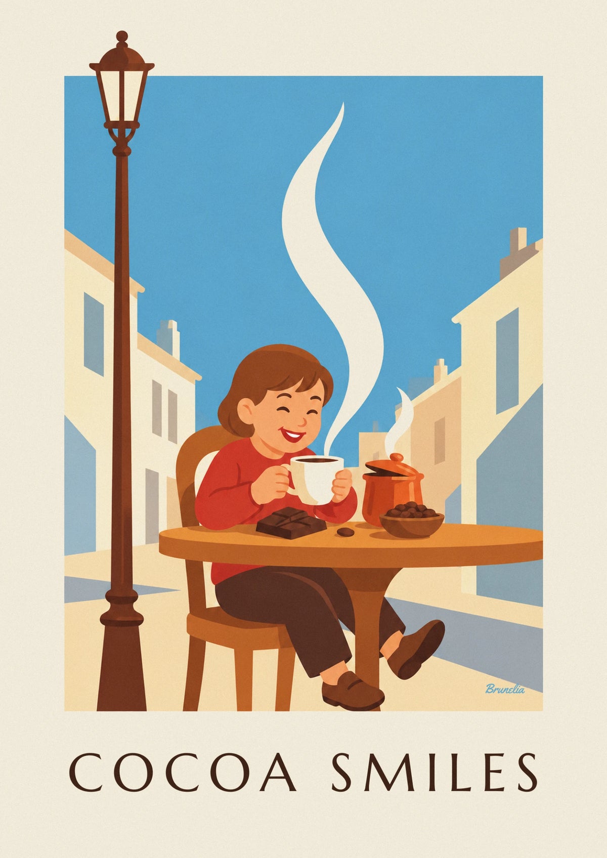 Smiling child with a big cup of hot chocolate poster