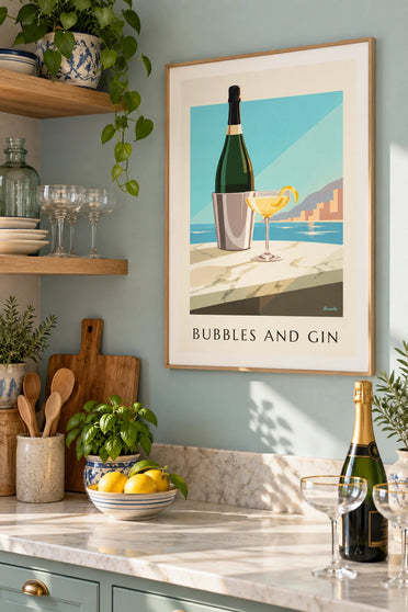 Poster cocktail French 75 in een champagnecoupe : ingelijst aan de muur