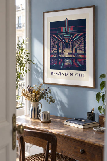 Poster videotheek en schappen met VHS-banden bij neonlicht 's nachts: ingelijst aan de muur