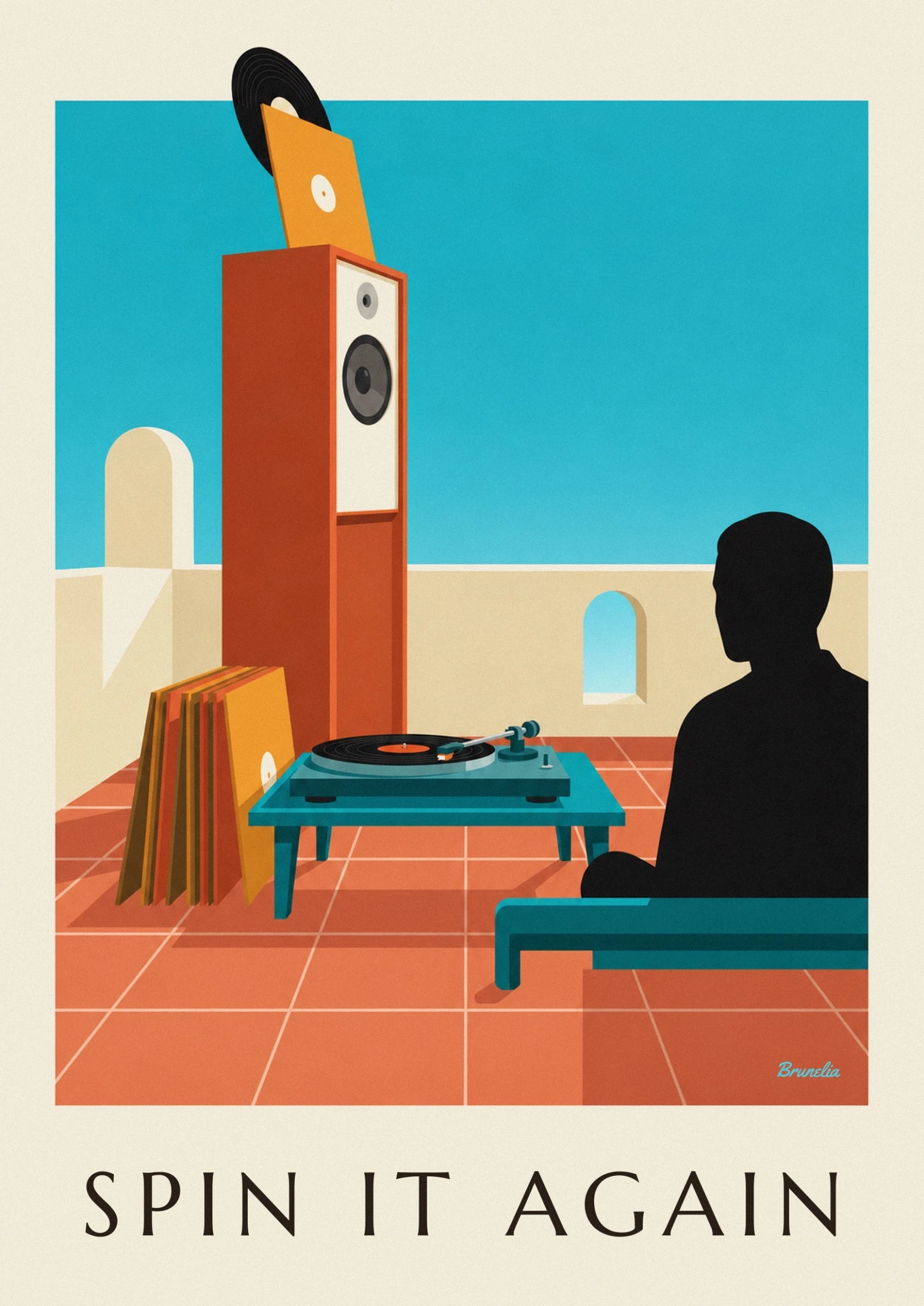 Spinning vinyl record turntable poster: close-up detail