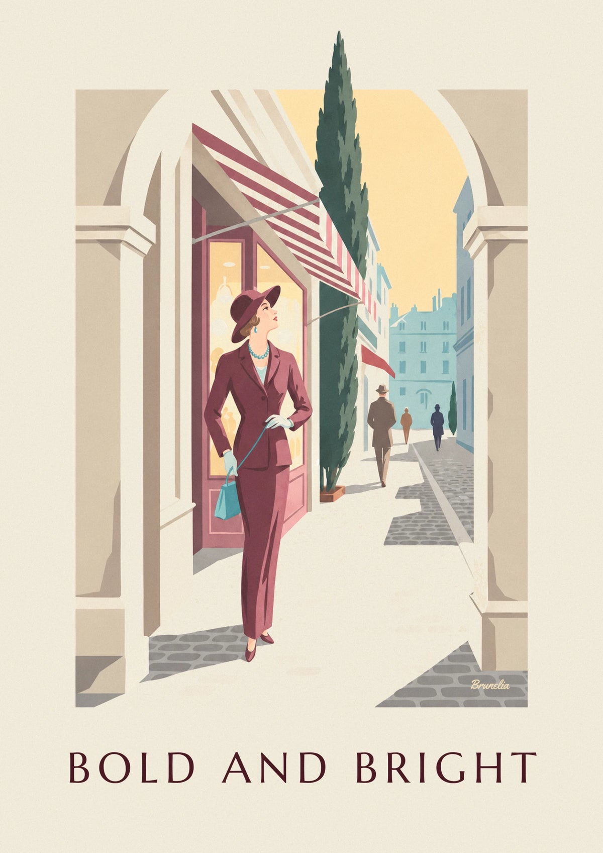 Woman in burgundy suit and turquoise accessories poster