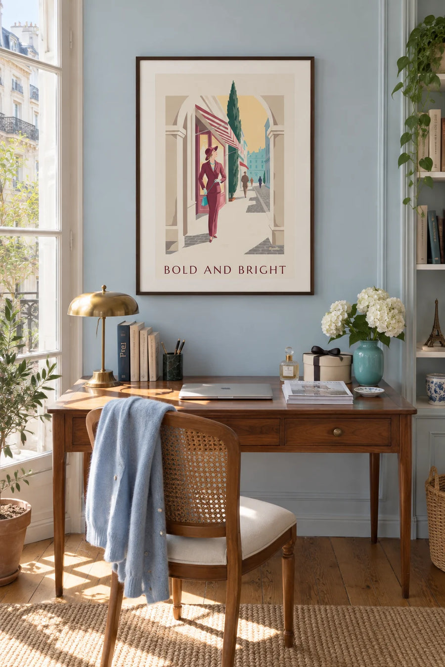 Poster of a woman in a burgundy suit with turquoise accessories: framed on the wall