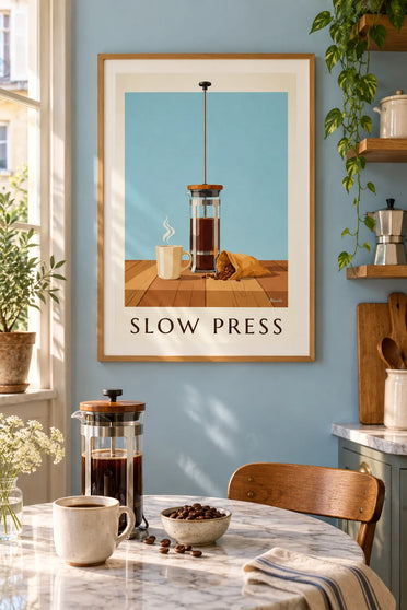 Poster cafetière op een rustieke houten tafel: ingelijst aan de muur