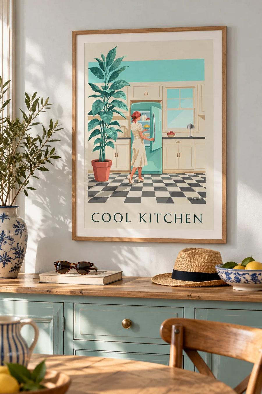Poster van een afgeronde mintgroene koelkast in een keuken: ingelijst aan de muur
