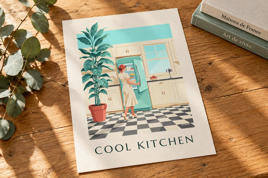 Poster van een afgeronde mintgroene koelkast in een keuken: op een tafel