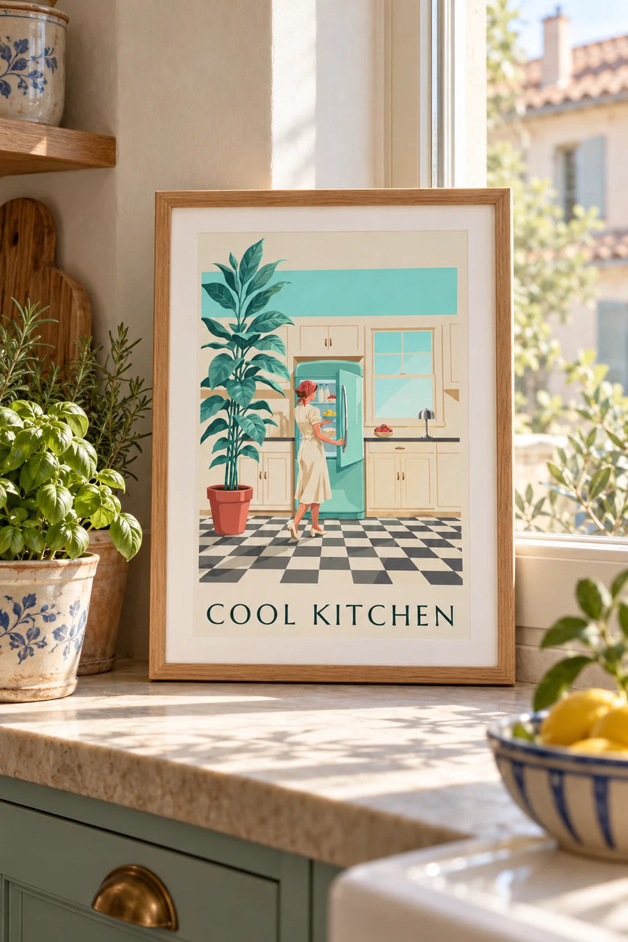 Poster afgeronde mintgroene koelkast in een keuken: klein formaat A4 ingelijst