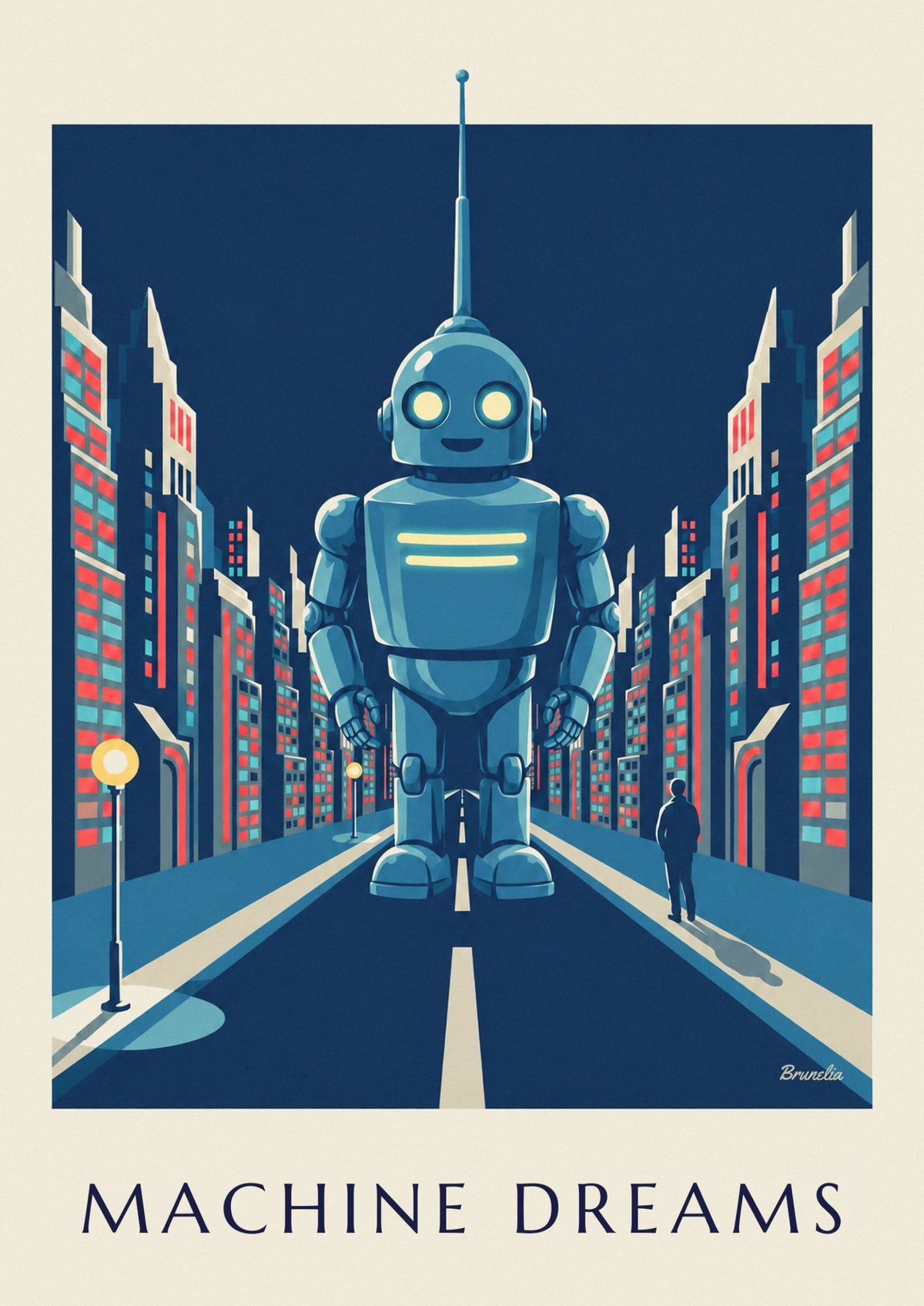 Futuristic neon robot night city poster