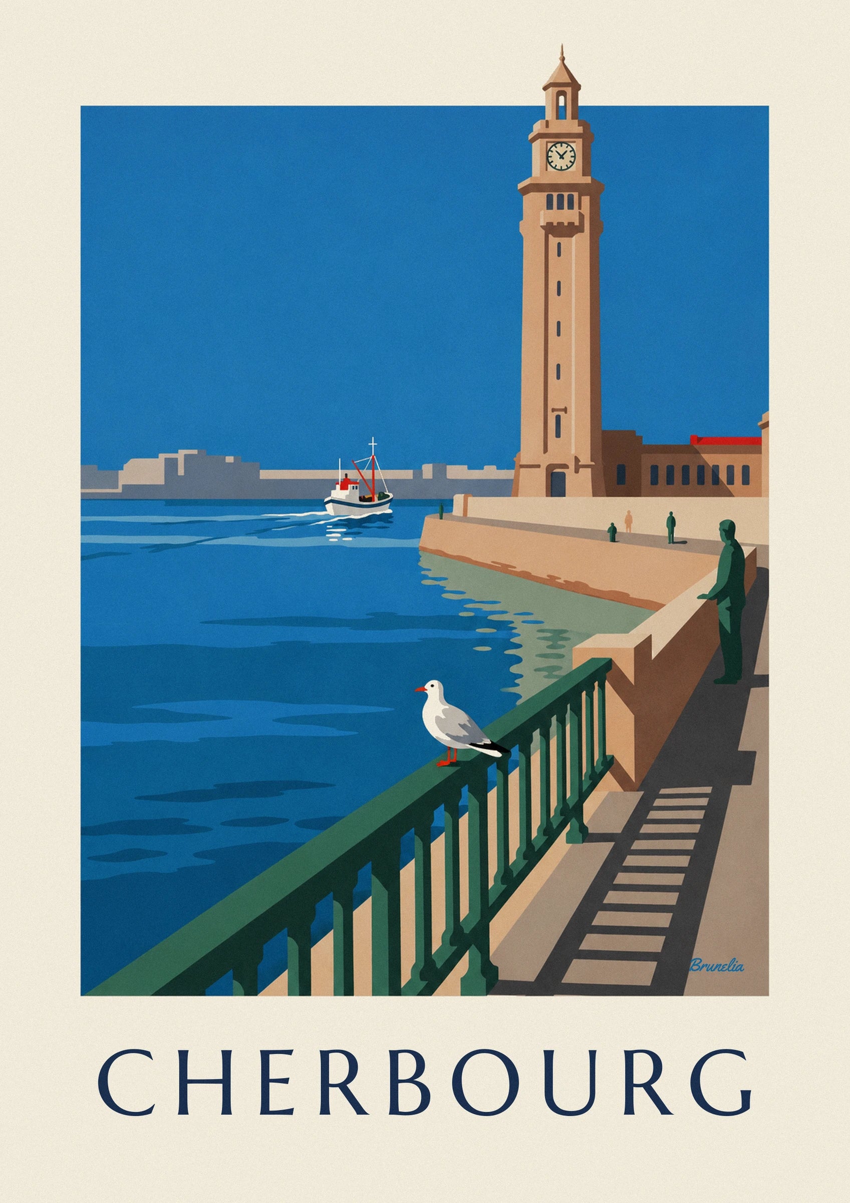 De okerkleurige toren van de veerterminal van Cherbourg en zijn klok tegen een blauwe achtergrond