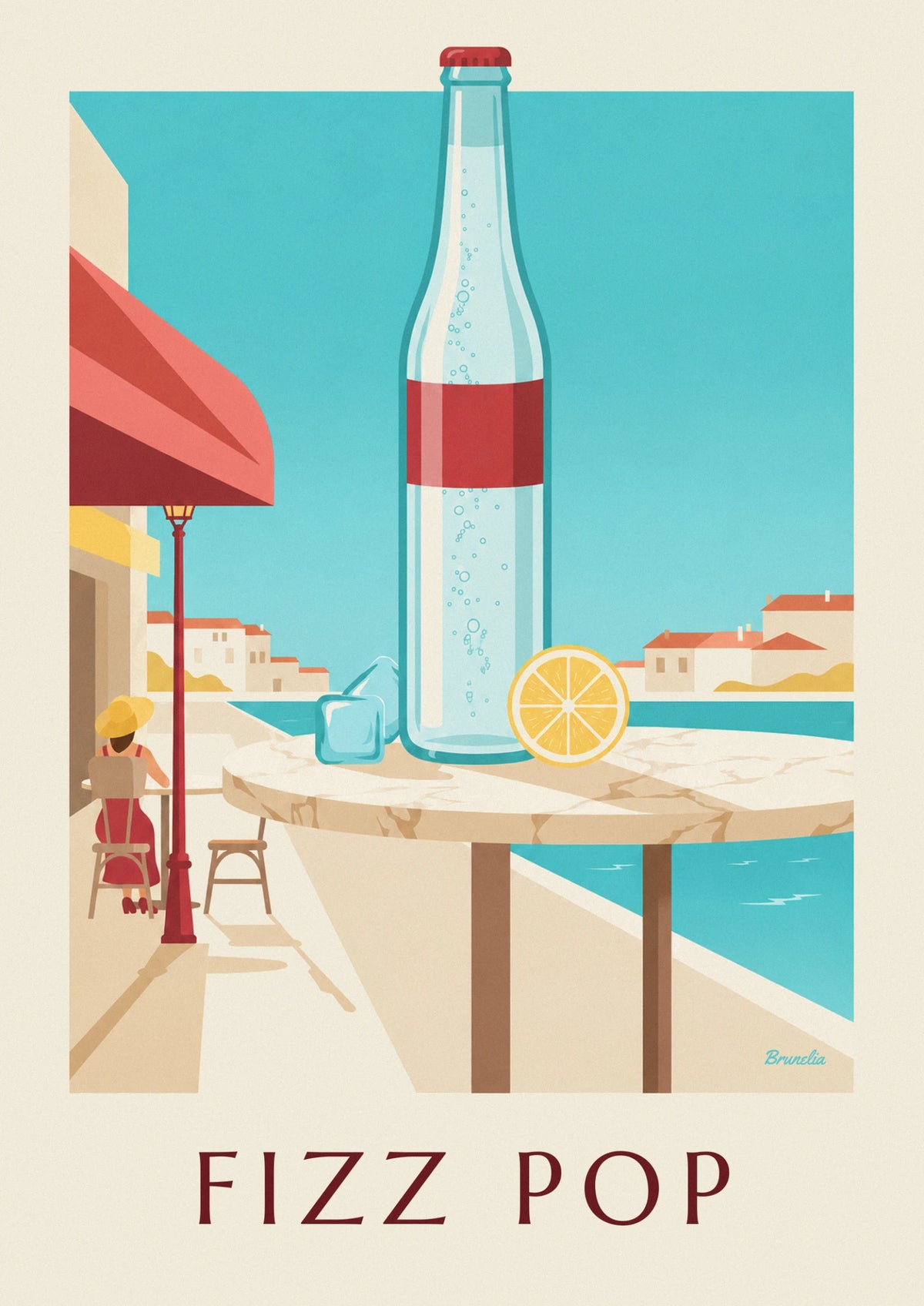 Affiche bouteille de soda pétillant avec glaçons et citron