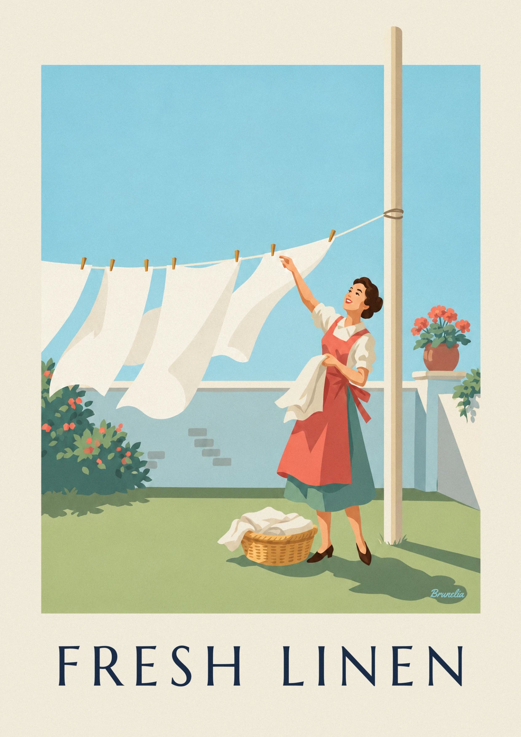 The housewife in a coral red apron, arm raised and a white cloth over her forearm, near the window