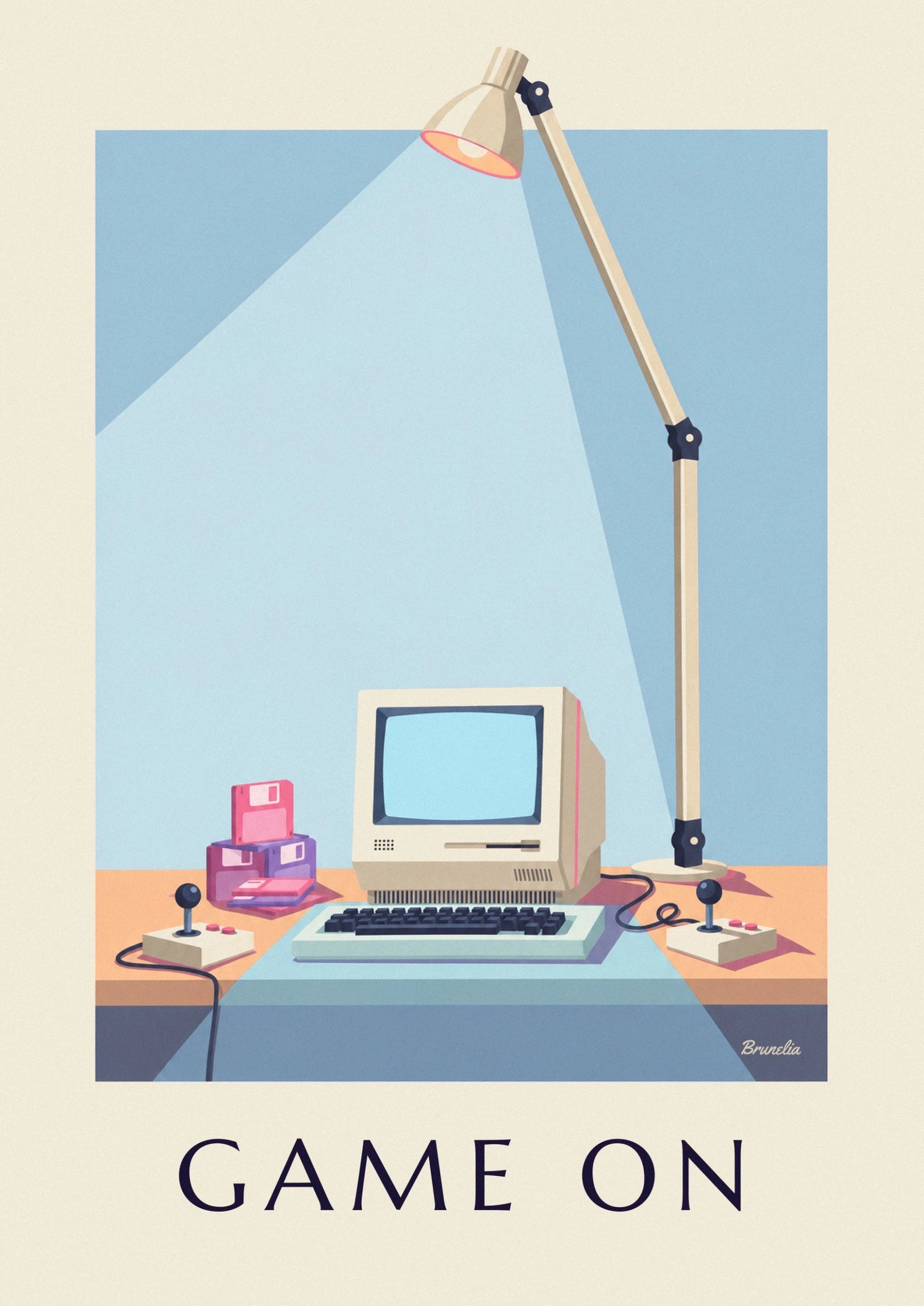 De beige computer met blauw scherm en toetsenbord met donkere toetsen