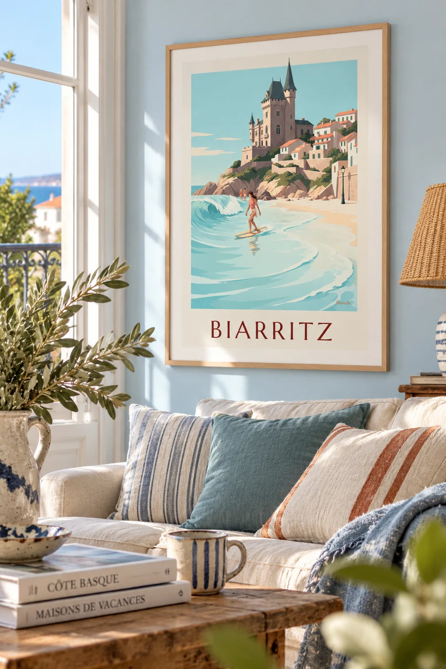 Poster longboardster bij de Côte des Basques in Biarritz: ingelijst aan de muur