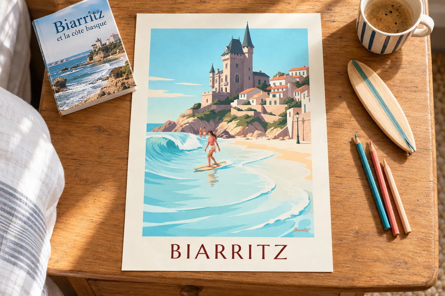 Poster surfster met longboard bij de Côte des Basques in Biarritz: op een tafel