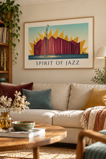 Poster van een microfoon op het podium van een jazzclub, ‘Spirit of Jazz’: ingelijst aan de muur