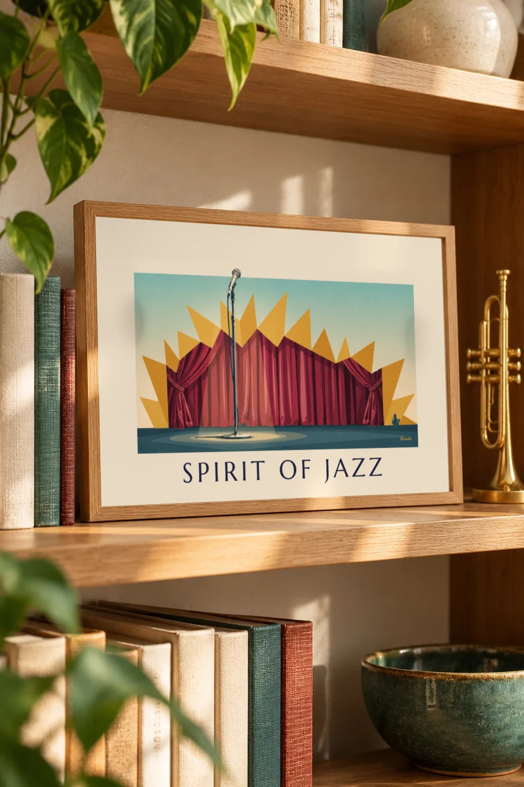 Woonkamer: sfeerbeeld van Poster microfoon op het podium van een jazzclub, Spirit of Jazz