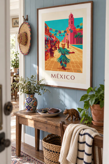 Dancer in a jaguar mask on a Mexican square poster: framed on the wall