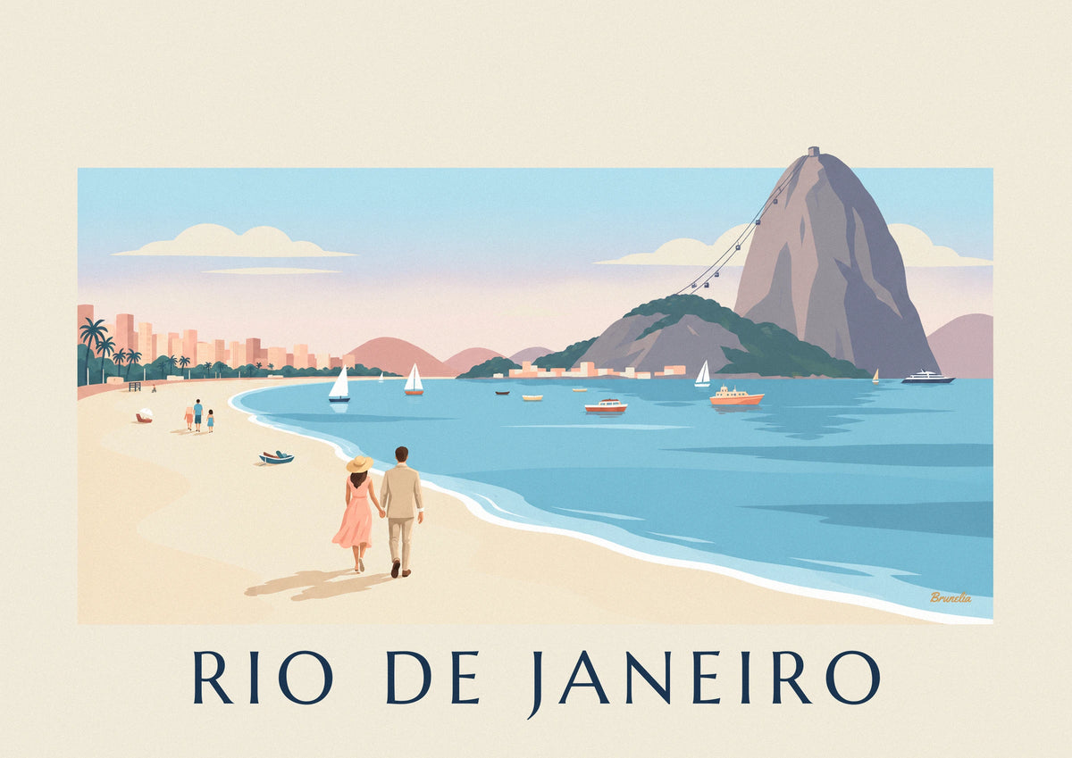 Poster koppel op het strand van Botafogo met de Suikerbroodberg in Rio