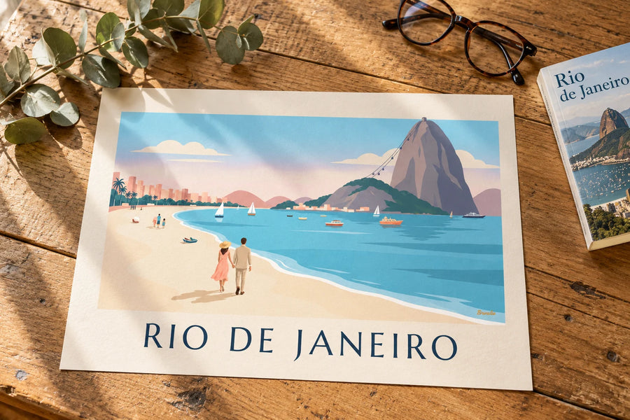 Poster stel op het strand van Botafogo met uitzicht op de Suikerbroodberg in Rio: op een tafel
