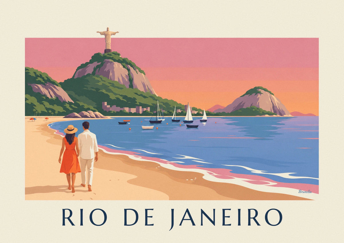 Rio couple on Botafogo beach facing Sugarloaf Mountain poster