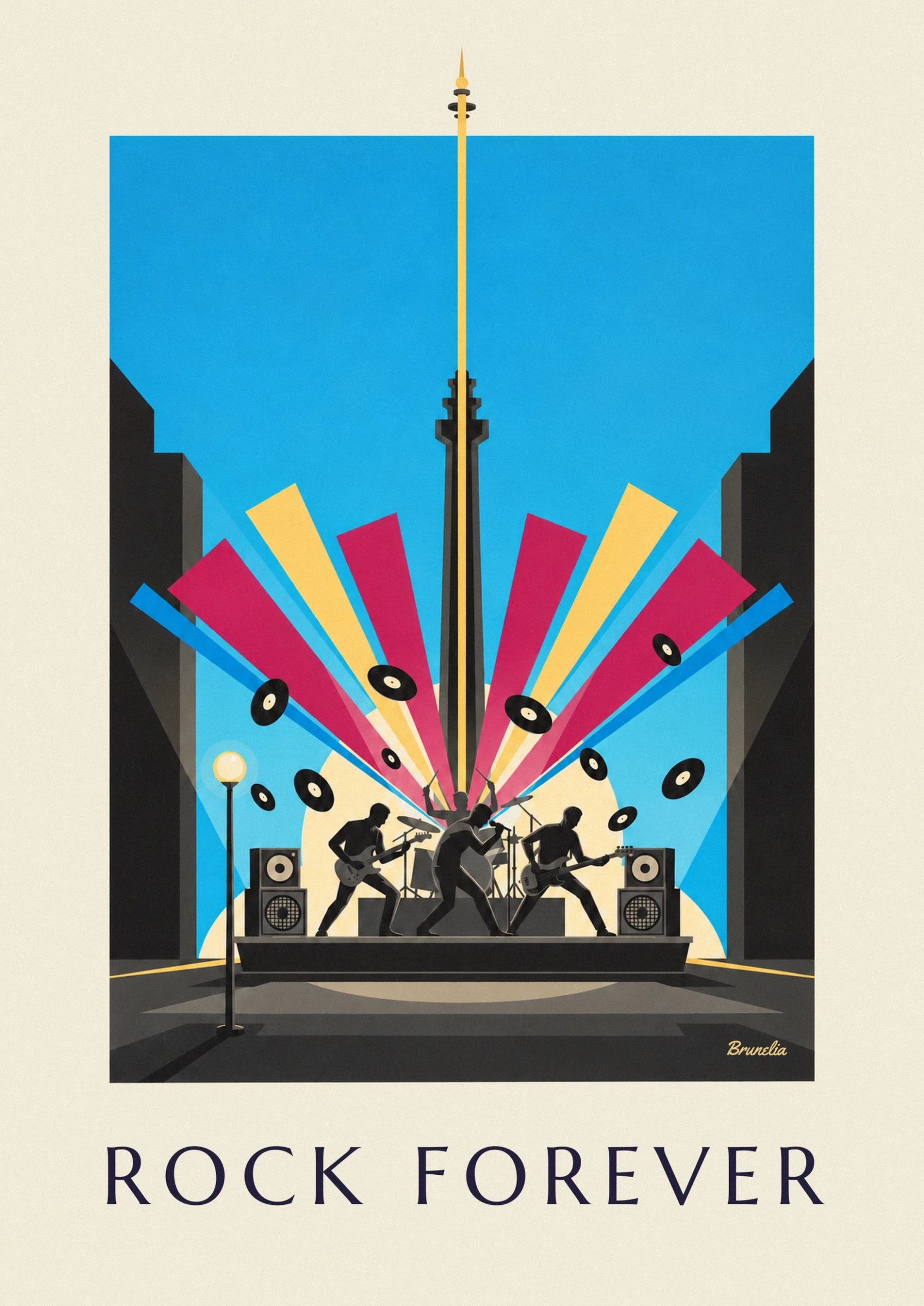 Affiche silhouettes de musiciens rock sur scène et vinyles : détail en gros plan