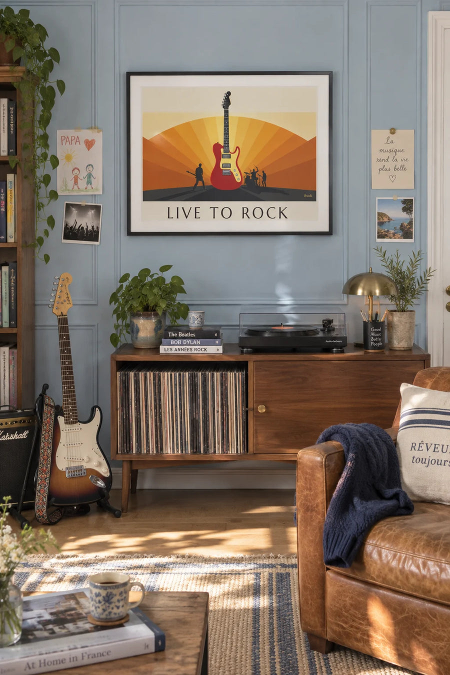 Affiche guitare électrique et silhouettes de musiciens rock : encadrée au mur