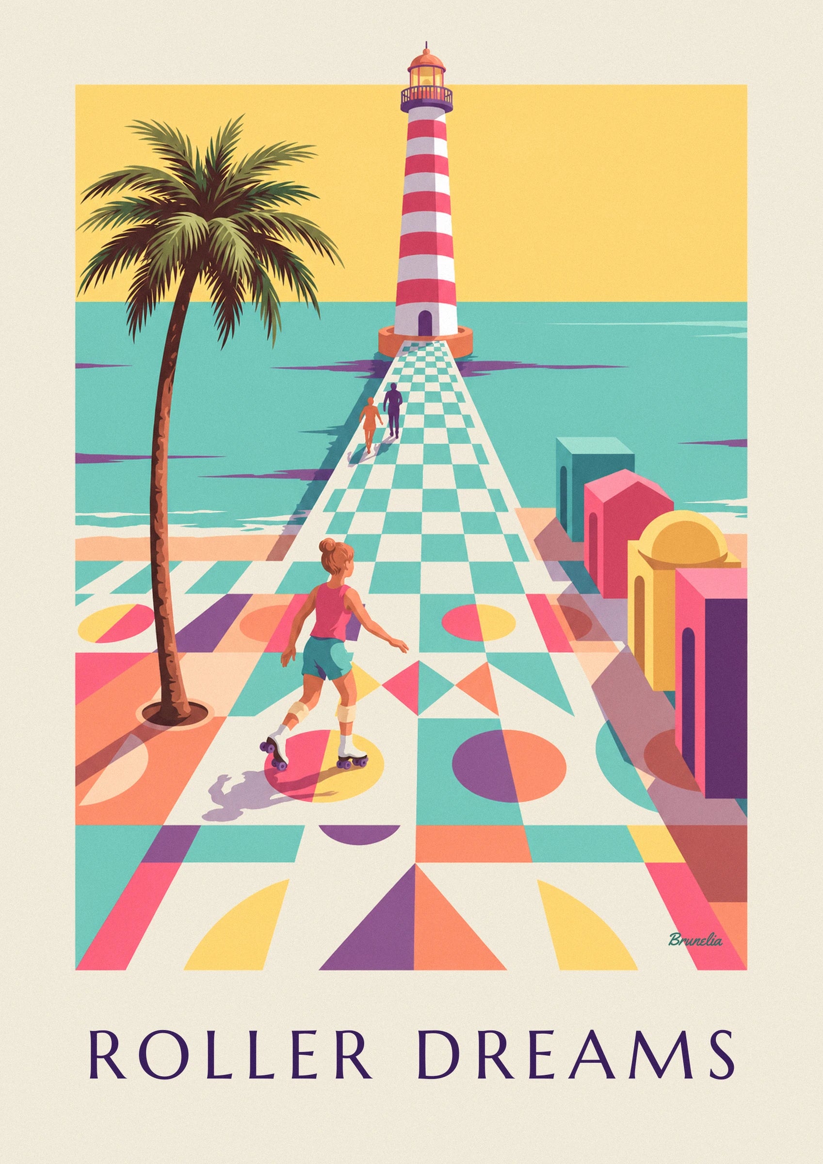 The skater in a pink vest top and turquoise shorts on the pier with geometric patterns