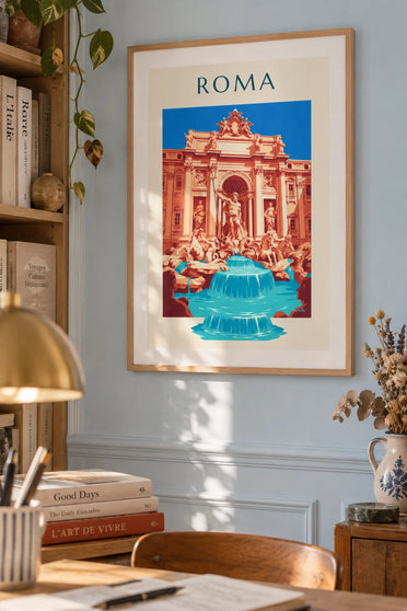 Poster Trevifontein en standbeeld van Neptunus in Rome: ingelijst aan de muur