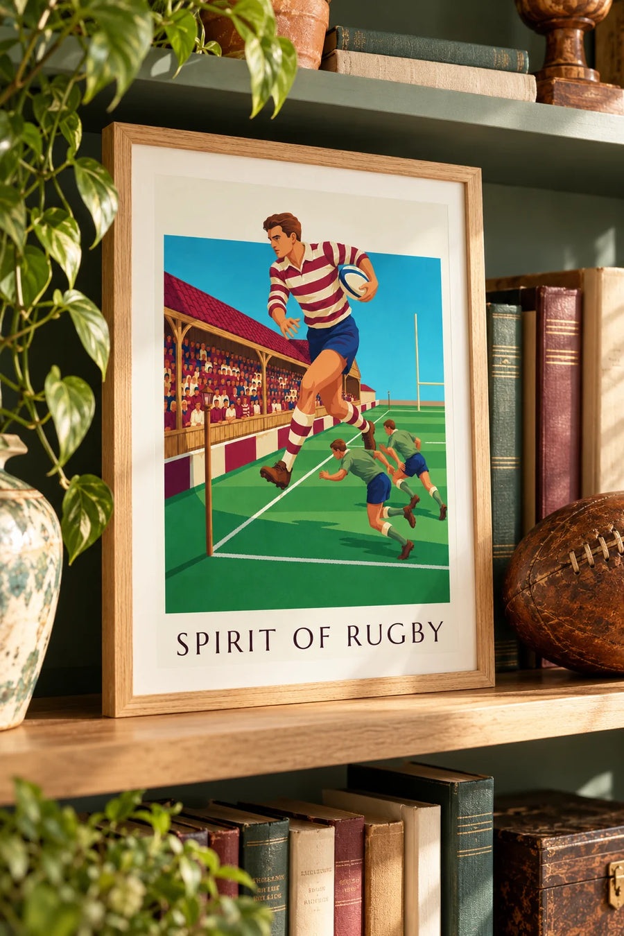 Affiche joueur de rugby sprintant le long de la touche : petit format A4 encadré