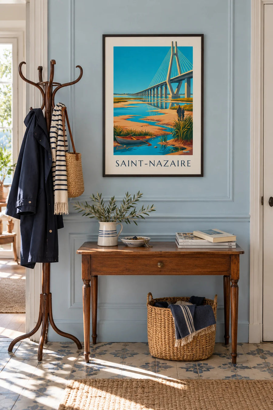 Poster van de brug van Saint-Nazaire en een roeiboot op het estuarium: ingelijst aan de muur