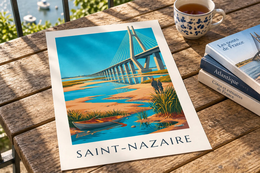 Poster brug van Saint-Nazaire en roeiboot op het estuarium: op een tafel