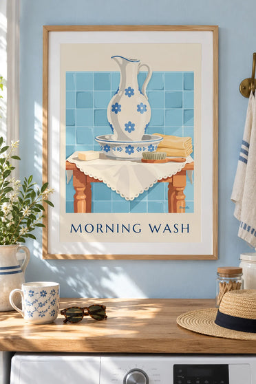 Affiche broc et cuvette en faïence sur la table de toilette : encadrée au mur