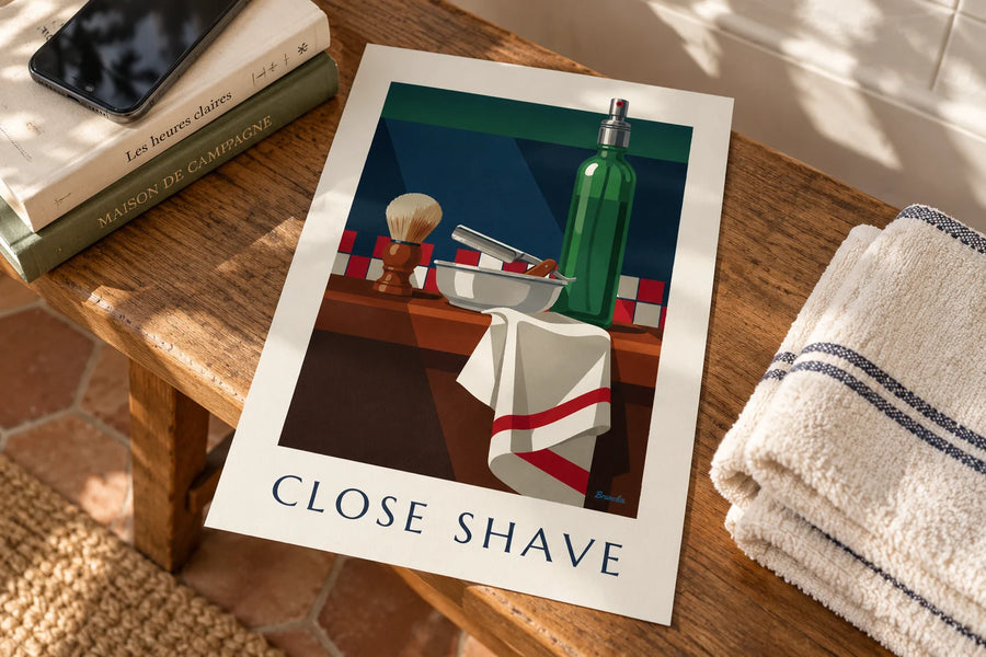 Poster open scheermes, scheerkwast en aftershave: op een tafel