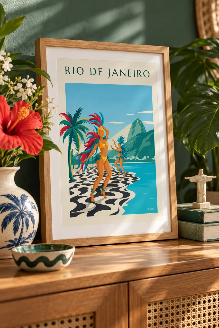 Affiche danseuses de samba sur la promenade de Copacabana à Rio : petit format A4 encadré