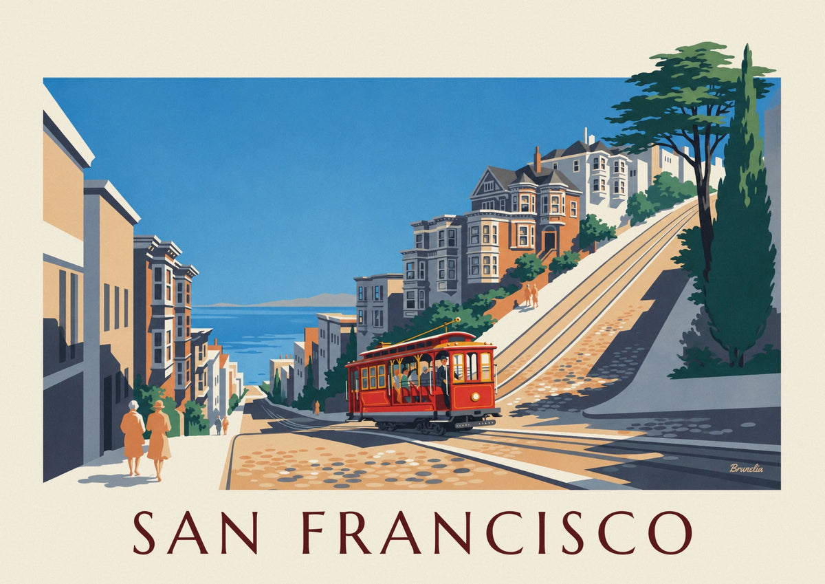 Affiche tramway à câble grimpant une rue de San Francisco