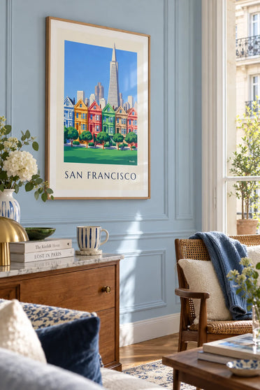 Poster of the Victorian houses of Alamo Square in San Francisco: framed on the wall