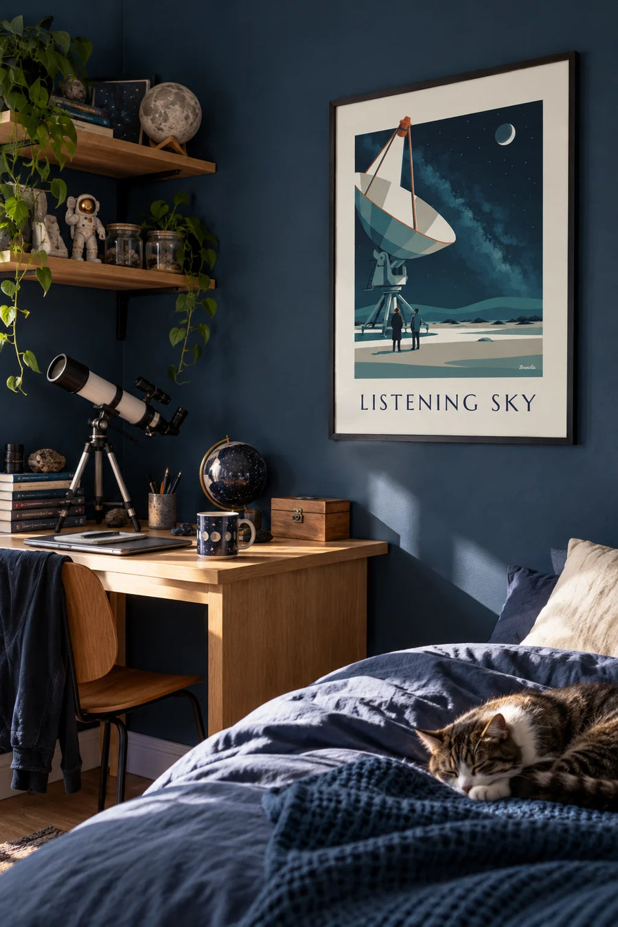 Poster radiotelescoop gericht op een sterrenhemel in de woestijn: ingelijst aan de muur