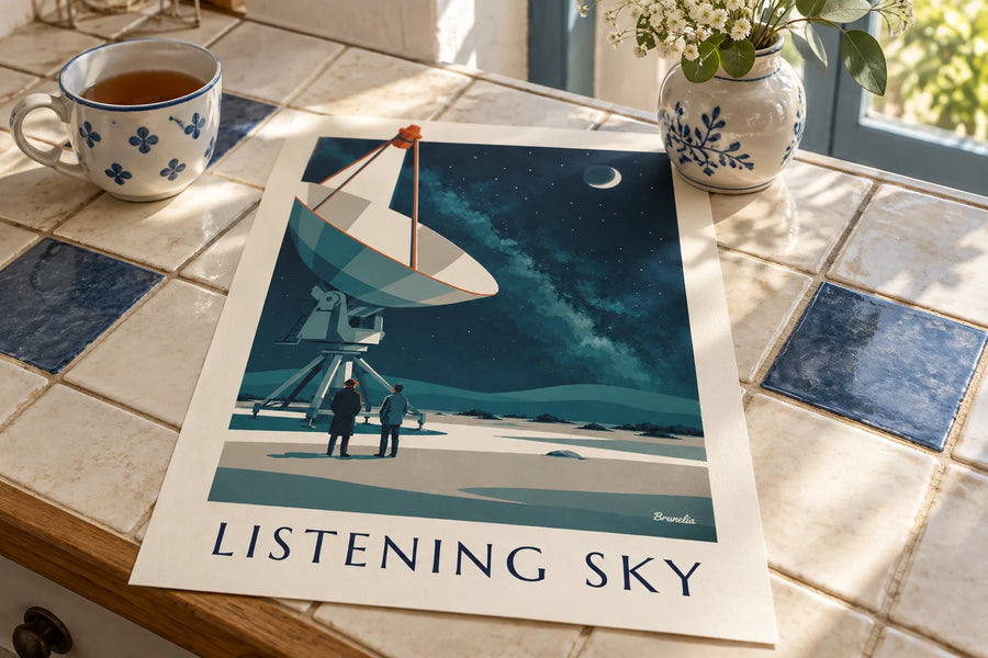 Poster radiotelescoop gericht op een sterrenhemel in de woestijn: op een tafel