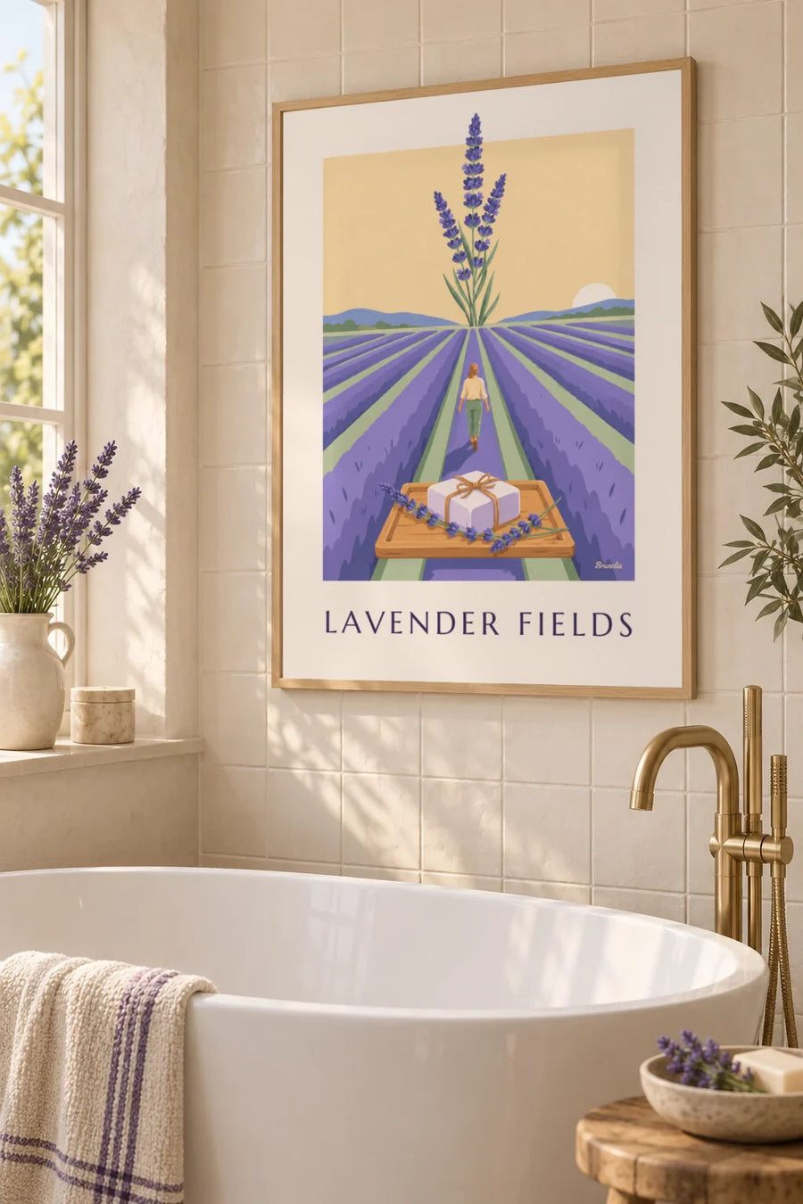 Affiche savon artisanal à la lavande et champ de lavande : encadrée au mur