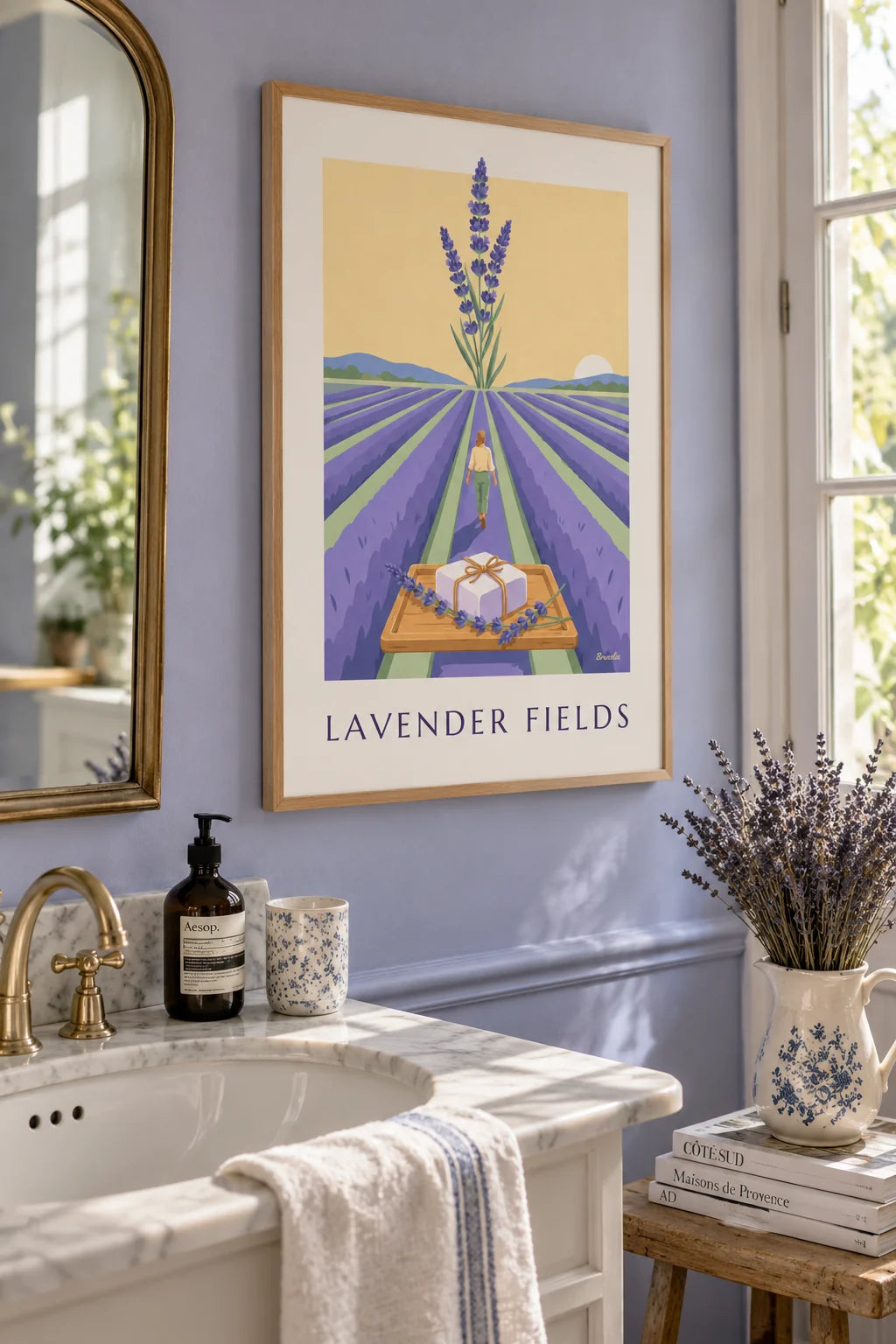 Handmade lavender soap and lavender field poster on the wall