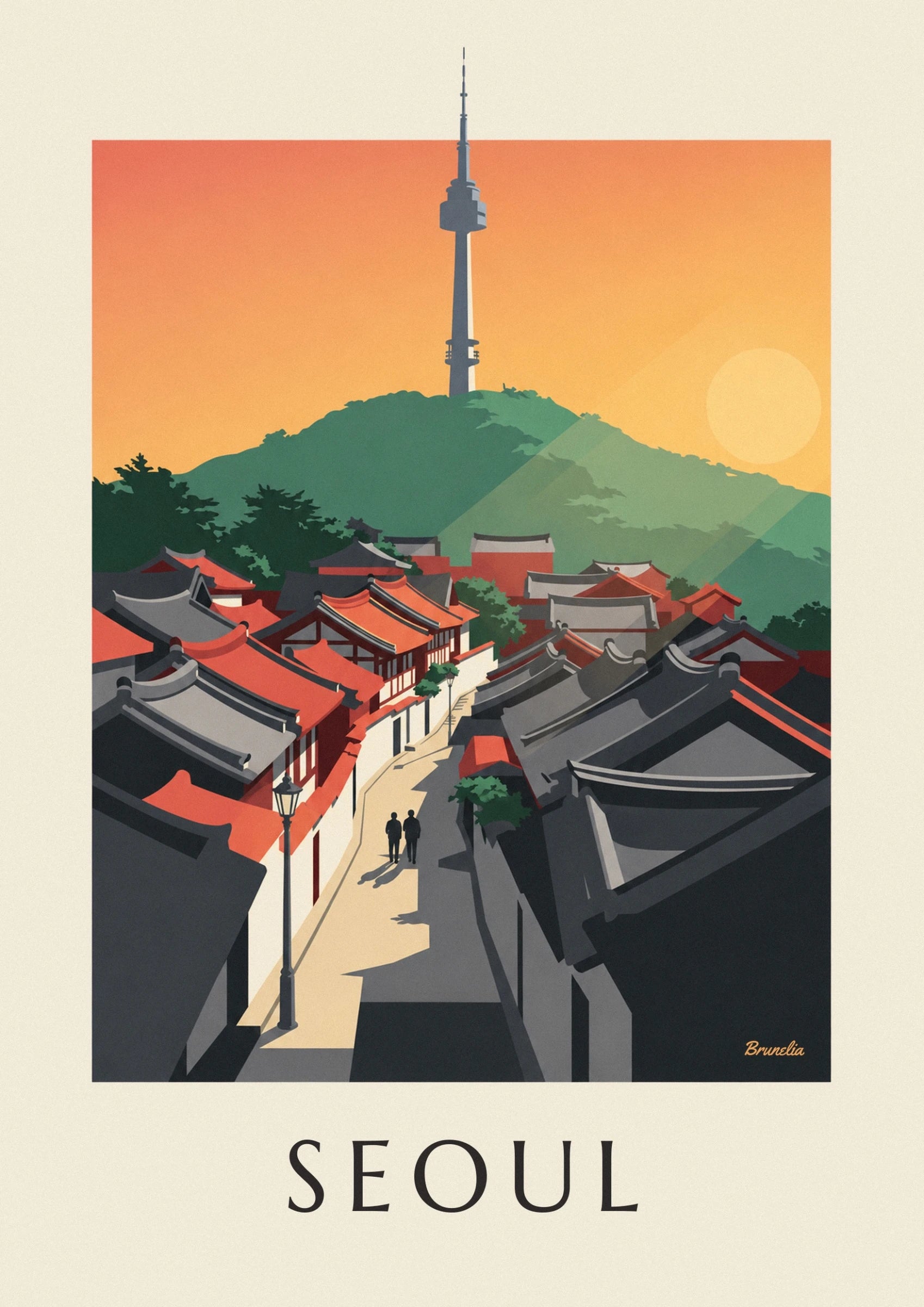 The pale yellow sun above the green hills and rooftops of Bukchon