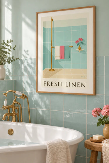 Poster opgevouwen handdoeken op een messing handdoekenrek: ingelijst aan de muur