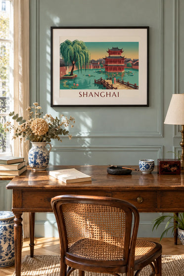 Poster van het theehuis in de Yuyuan-tuin in Shanghai: ingelijst aan de muur