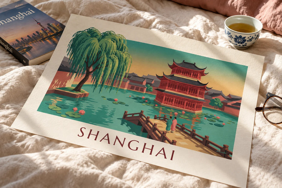 Affiche maison de thé du jardin Yuyuan à Shanghai : posée sur une table