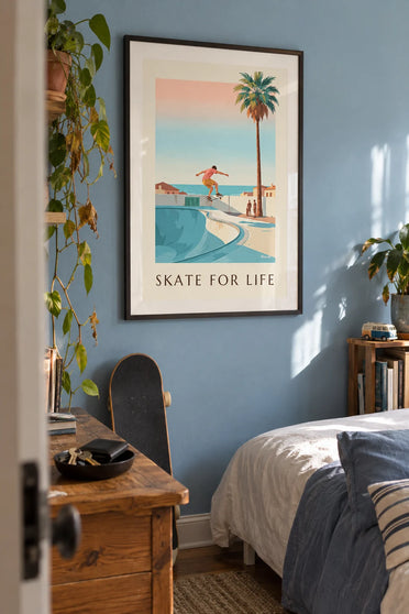 Poster skater midden in een sprong boven een bowl: ingelijst aan de muur