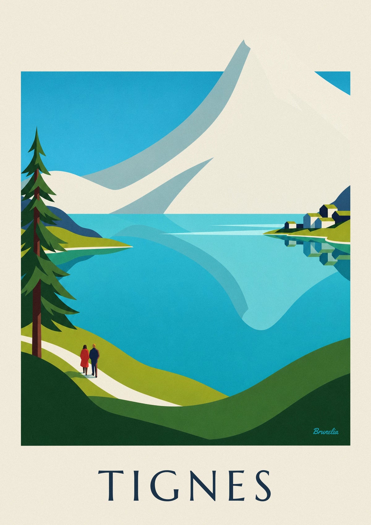 Poster meer van Tignes en besneeuwde toppen van de Grande Motte