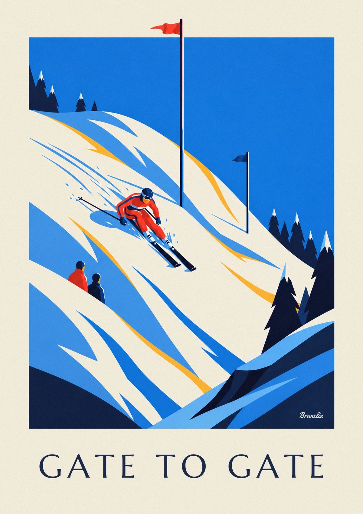 Affiche skieur de slalom entre les portes rouges et bleues